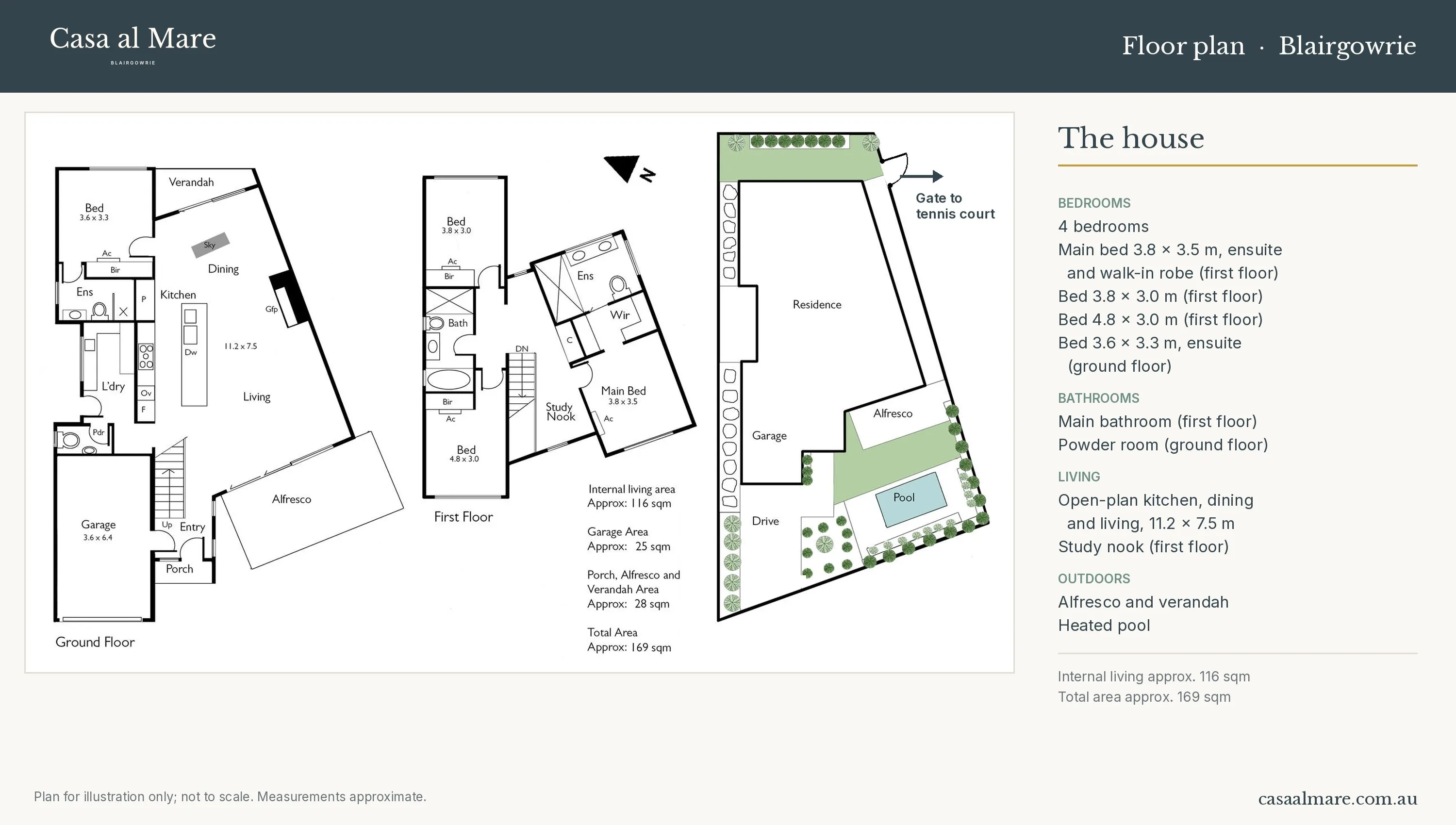 Casa al Mare floor plan showing four bedrooms including two master suites